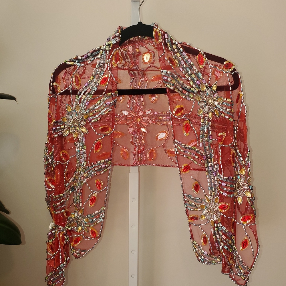 Embellished Red Sheer Beaded Shawl Wrap